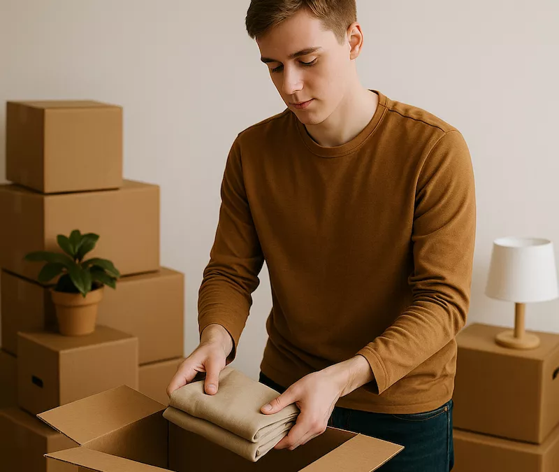 Ung vuxen som packar kartonger inför flytt till första egna boendet